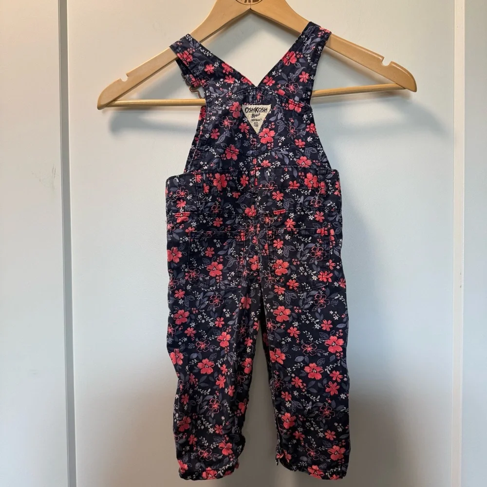Oshkosh B'Gosh Girls Navy‎ Blue Pink Floral Overall Denim 12 Months